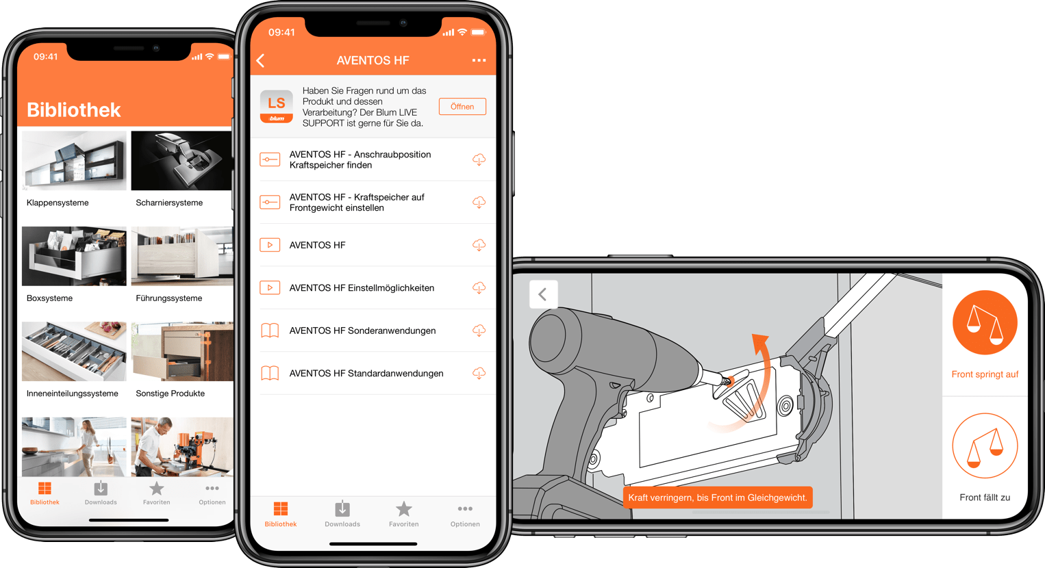 Einblicke in die Blum-App „Easy Assembly“ auf dem Smartphone, entstanden im App Development bei 21TORR