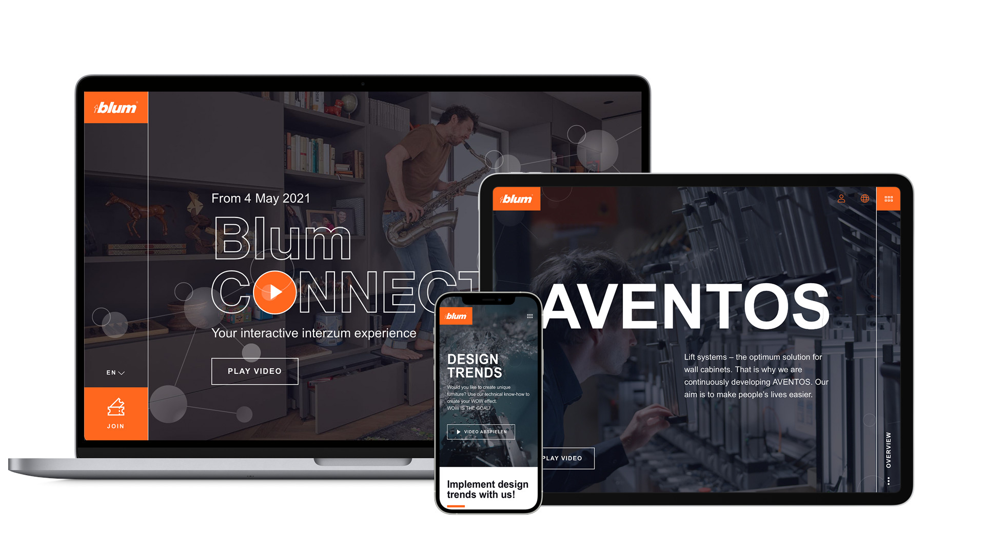 Blum Messe-Hub auf drei Endgeräten, auf denen die Messebesucher während der interzum die virtuellen Events des Möbelbeschlägehersteller aufrufen können