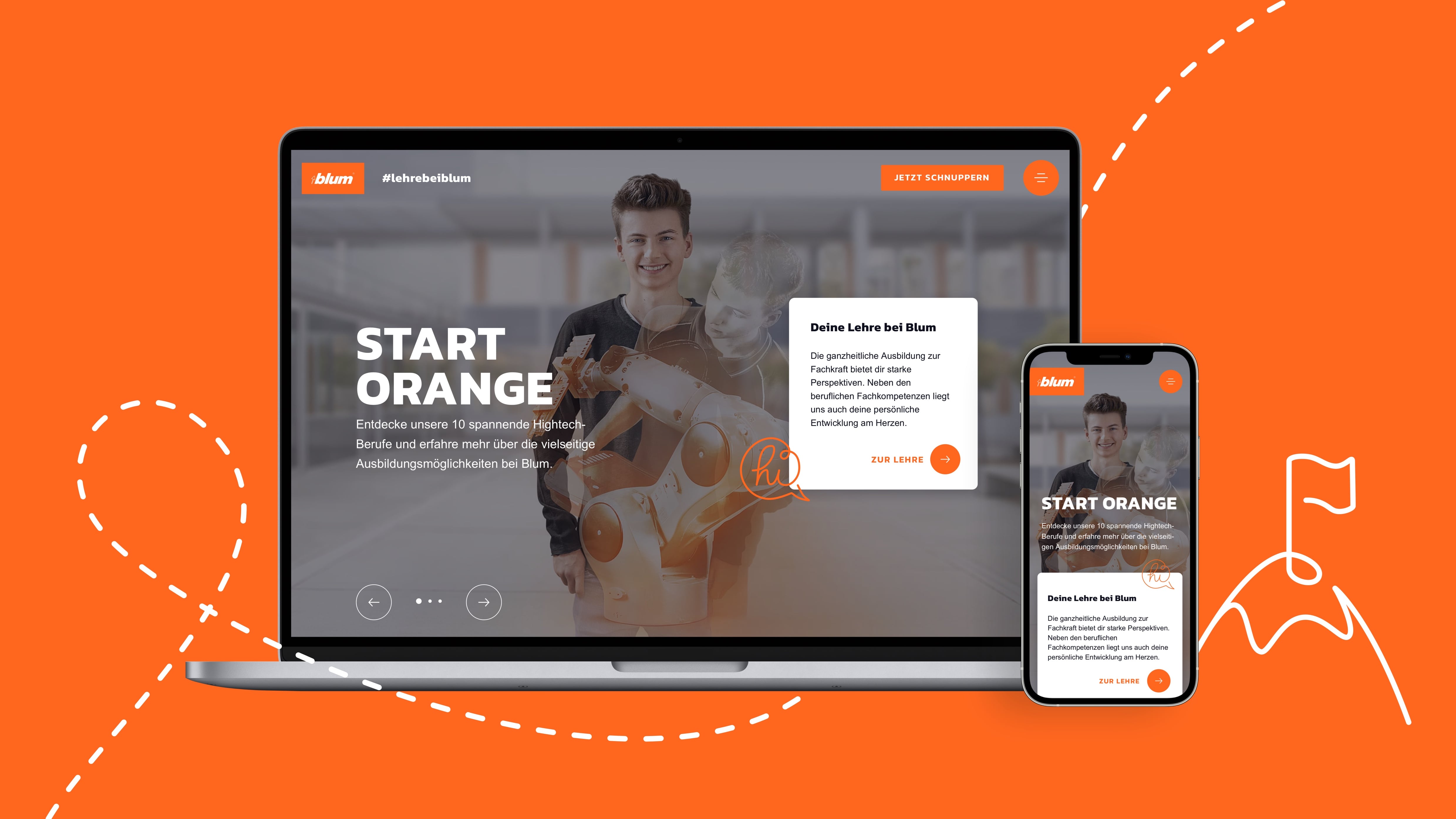 Darstellung der Blum Employer Branding Website, Blum Education-Hub, auf Laptop und Smartphone.