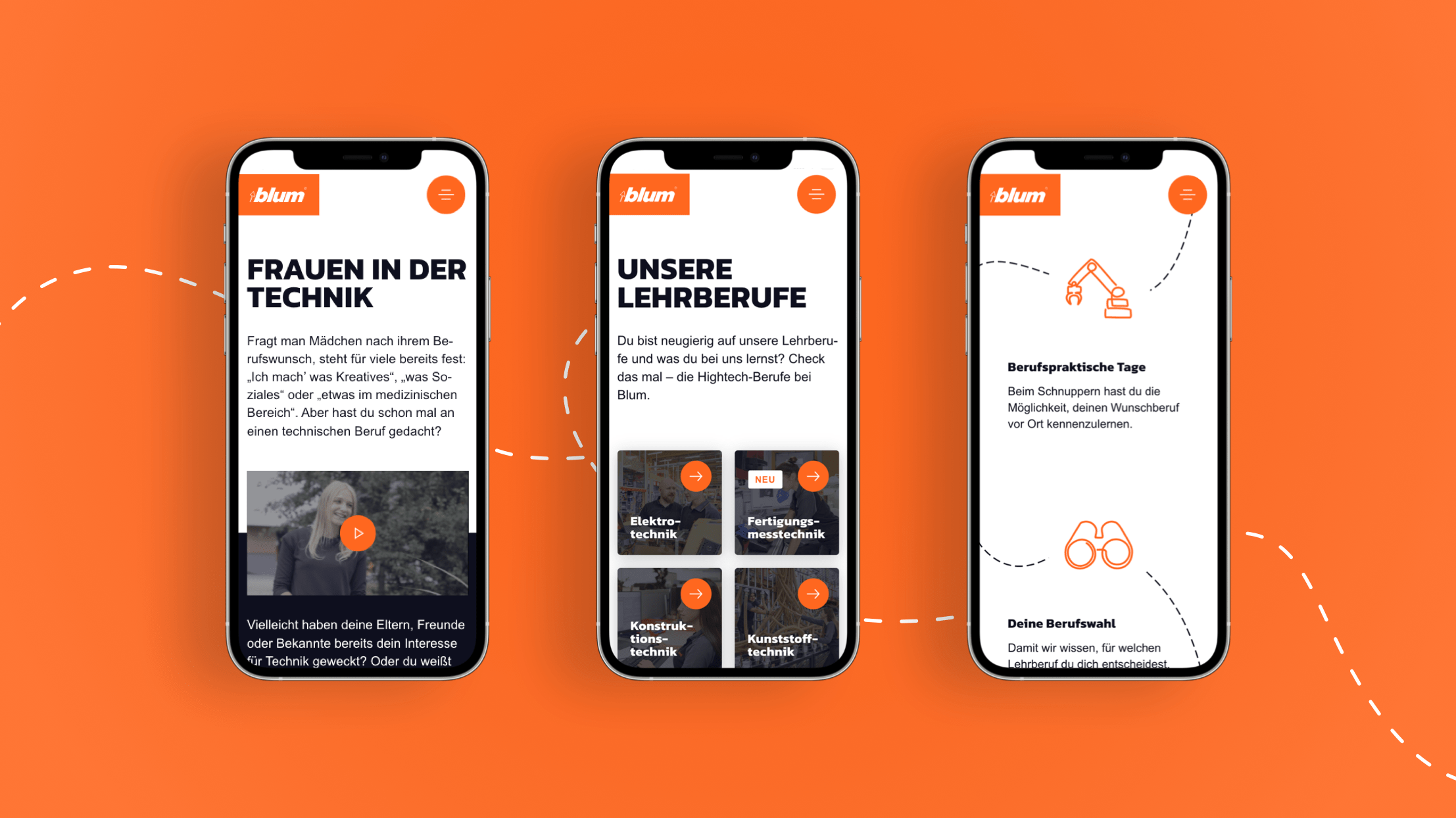 Darstellung des Blum Education-Hubs auf drei Smartphones.
