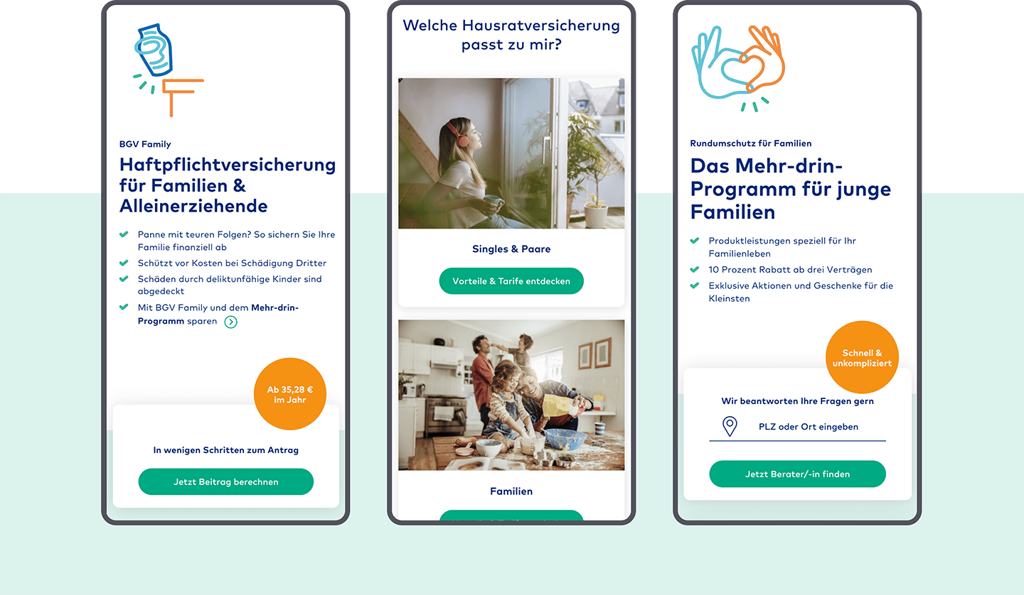 Das responsive UI Design der BGV Website wird auf drei mobilen Endgeräten dargestellt – die emotionale und zielgruppenspezifische Ansprache von Familien steht im Fokus.